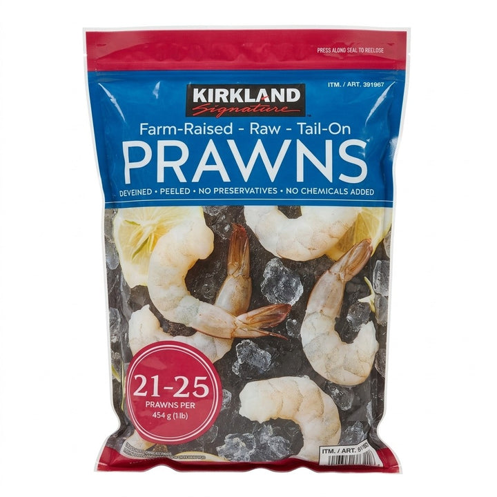 Kirkland Signature Farm Raised Raw Tail-On Prawns 21/25 – 907g