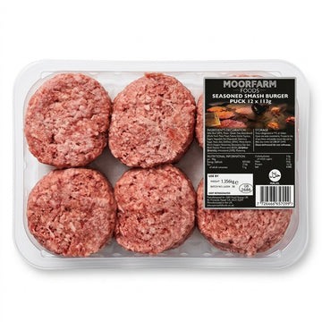 Moorfarm Foods Halal Seasoned Smash Burger Pucks 12 × 113g
