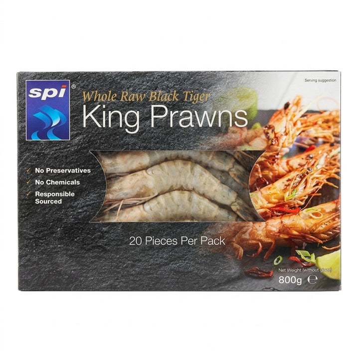 SPI Whole Raw Black Tiger King Prawns 16/20 – 800g